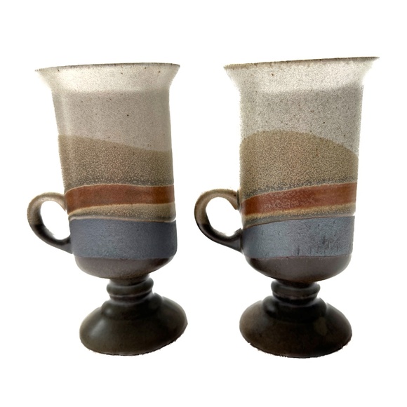 Otagiri Japan Mugs 2 Stoneware Tall Footed Irish Coffee Handcrafted Glazed Wave - Picture 1 of 7